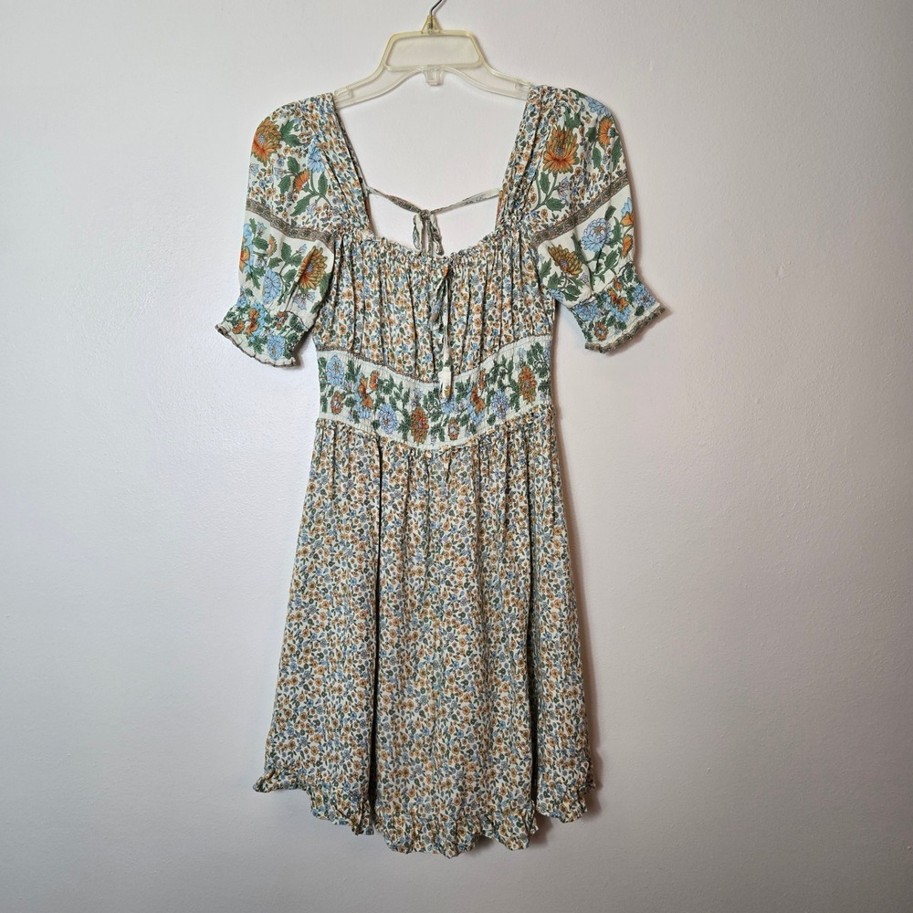 Larsyn & Lily Womens Boho Floral Smocked Mini Dress Sz S Blue Yellow Rayon India
